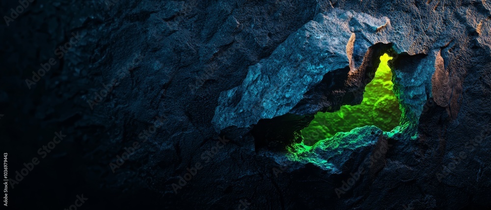 A dark cave with a crack emitting a bright green light A dark cave with a crack emitting a bright green light