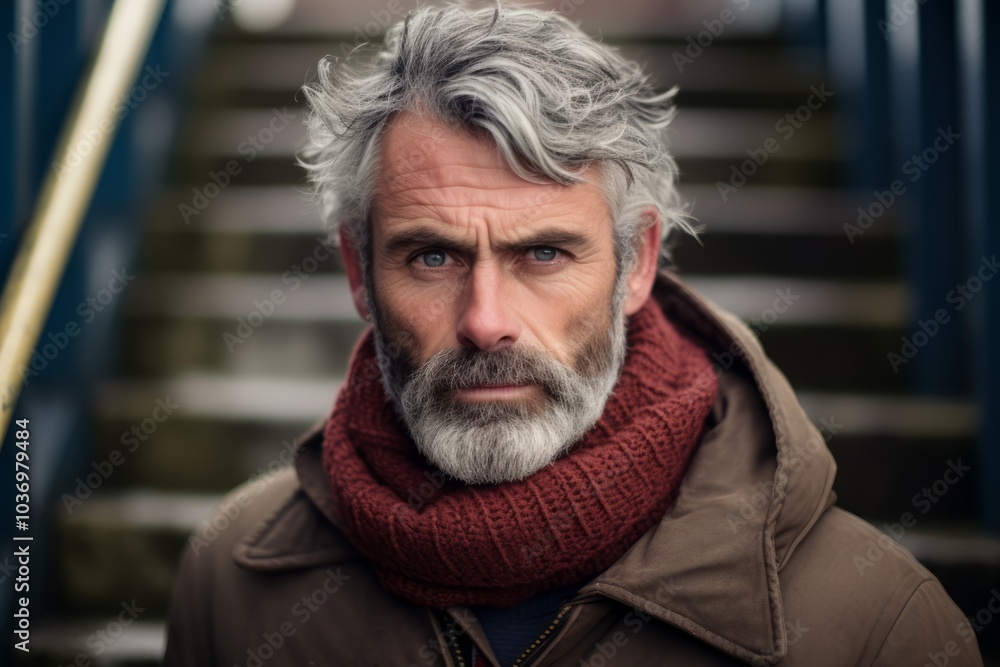 Portrait of a handsome mature man with gray hair wearing a red scarf. Portrait of a handsome mature man with gray hair wearing a red scarf.
