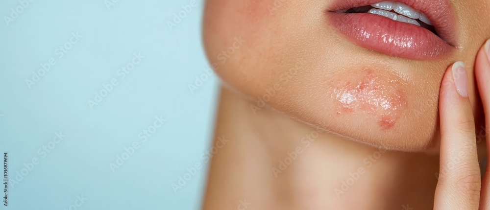 Obraz premium A tight shot of a woman touching her cheek with one hand, the other hand supporting from beneath