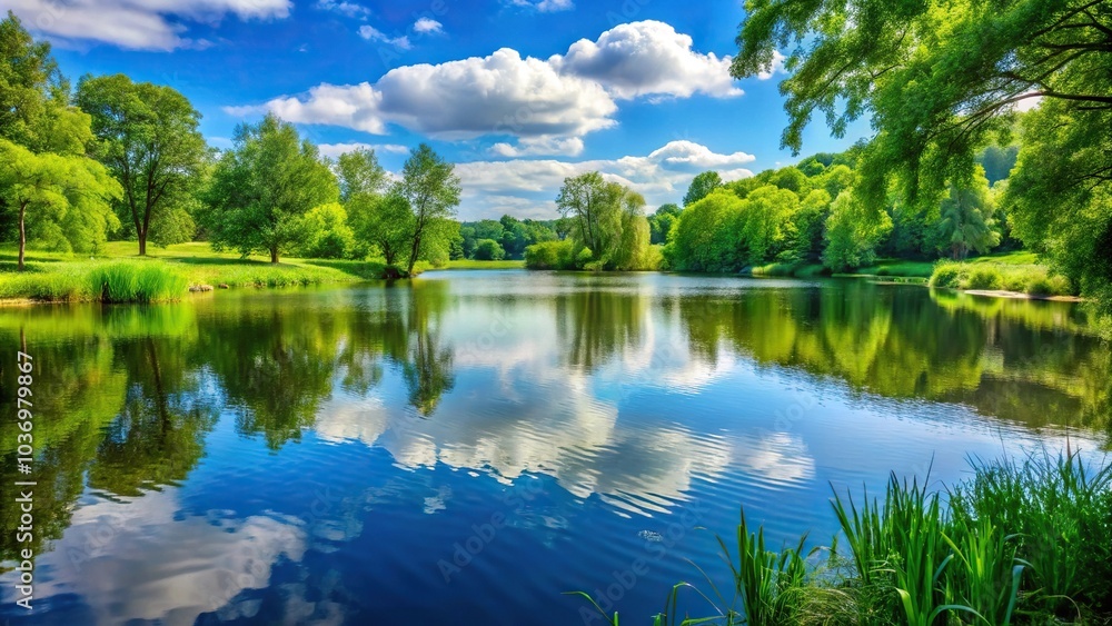 A serene lake with lush greenery surrounding it on a warm summer day, trees, reflection A serene lake with lush greenery surrounding it on a warm summer day, trees, reflection