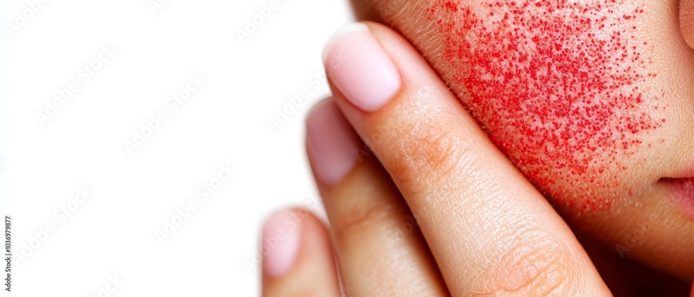 A woman's face, closely framed, bearing extensive red powder on cheeks against a pristine white background A woman's face, closely framed, bearing extensive red powder on cheeks against a pristine white background