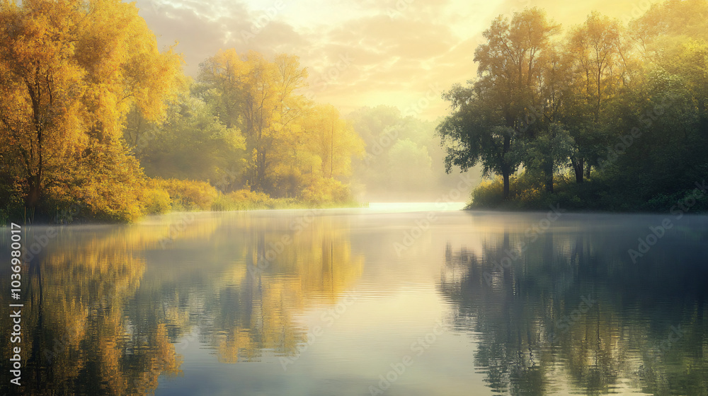 A tranquil lake in the early morning mist, inviting calm and reflection. A tranquil lake in the early morning mist, inviting calm and reflection.