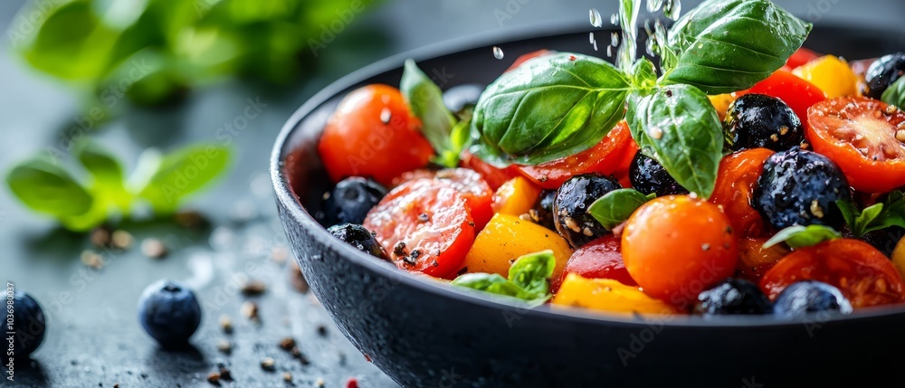 Close-up of a bowl filled with tomatoes, blueberries, and a sprinkle of spinach Close-up of a bowl filled with tomatoes, blueberries, and a sprinkle of spinach