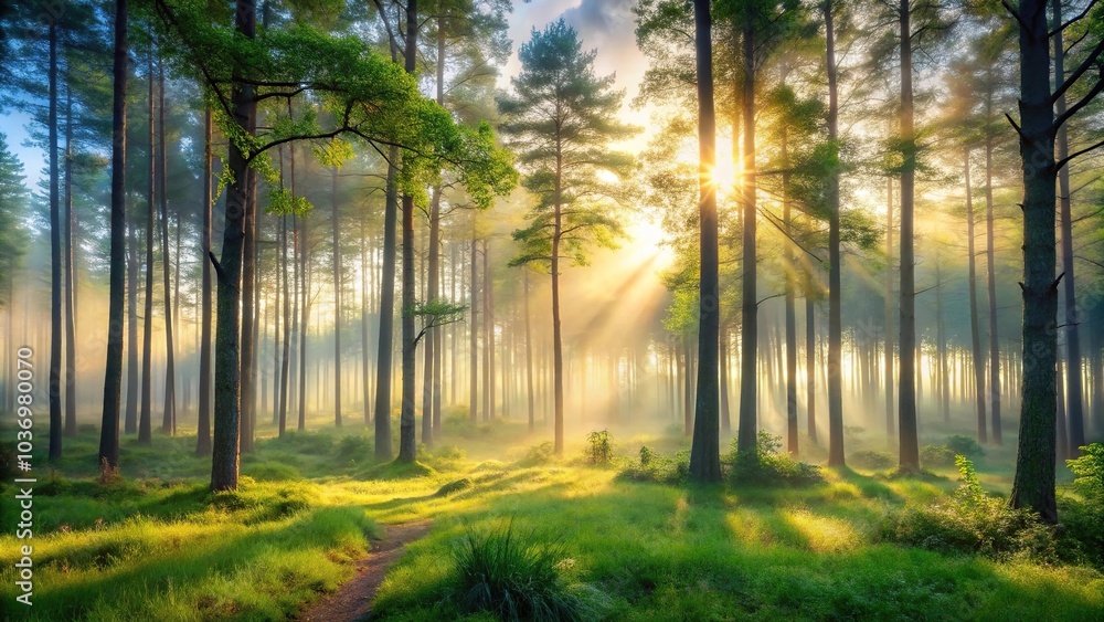 Naklejka premium A serene forest with tall trees and a misty atmosphere at dawn, calm, outdoors, nature background