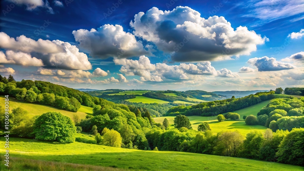 Obraz premium A serene landscape with a light blue sky and fluffy white clouds, set against a backdrop of lush green trees and rolling hills, gentle breeze, peaceful, serene