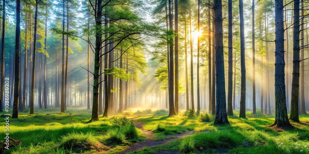 A serene forest scene with towering trees and a misty atmosphere on a crisp spring morning, greenery, outdoors A serene forest scene with towering trees and a misty atmosphere on a crisp spring morning, greenery, outdoors