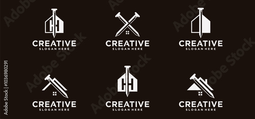 steel nail logo collection.steel nail logo for building construction.