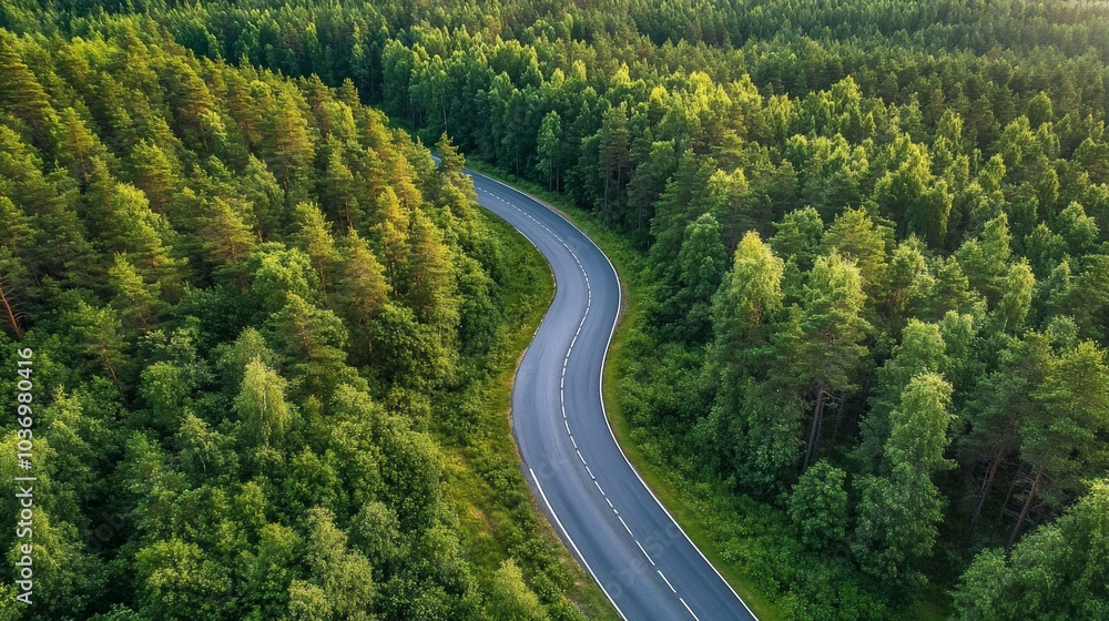 Fototapeta premium Aerial view of a winding road through a dense forest.