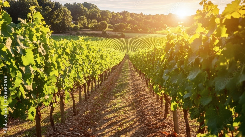 Naklejka premium Serene Vineyard Landscape at Sunset