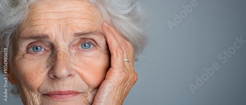 Wallpaper Mural  A tight shot of an elderly woman, her expression solemn as she presses palms to her weathered face, gazing intently into the camera Torontodigital.ca
