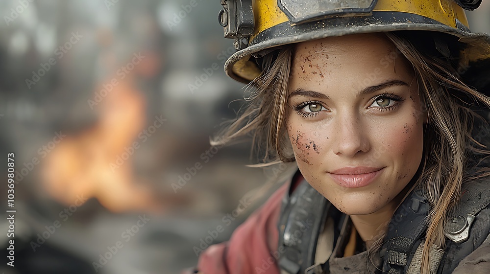 A dedicated volunteer firefighter, standing tall amidst the aftermath of a disaster. The scene captures them covered in soot and ash, looking resolutely at the camera, with flames still flickering A dedicated volunteer firefighter, standing tall amidst the aftermath of a disaster. The scene captures them covered in soot and ash, looking resolutely at the camera, with flames still flickering
