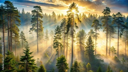 A misty forest atmosphere at dawn, with morning light peeking through the canopy of towering evergreen trees, morning light, sunlight, fog