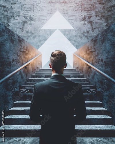 Businessman standing in front of the stairs and looking at them, journey towards success and growth, business start concept. MZ