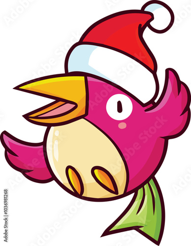 Cute and funny pink bird cartoon character wearing santa's hat celebrating christmas