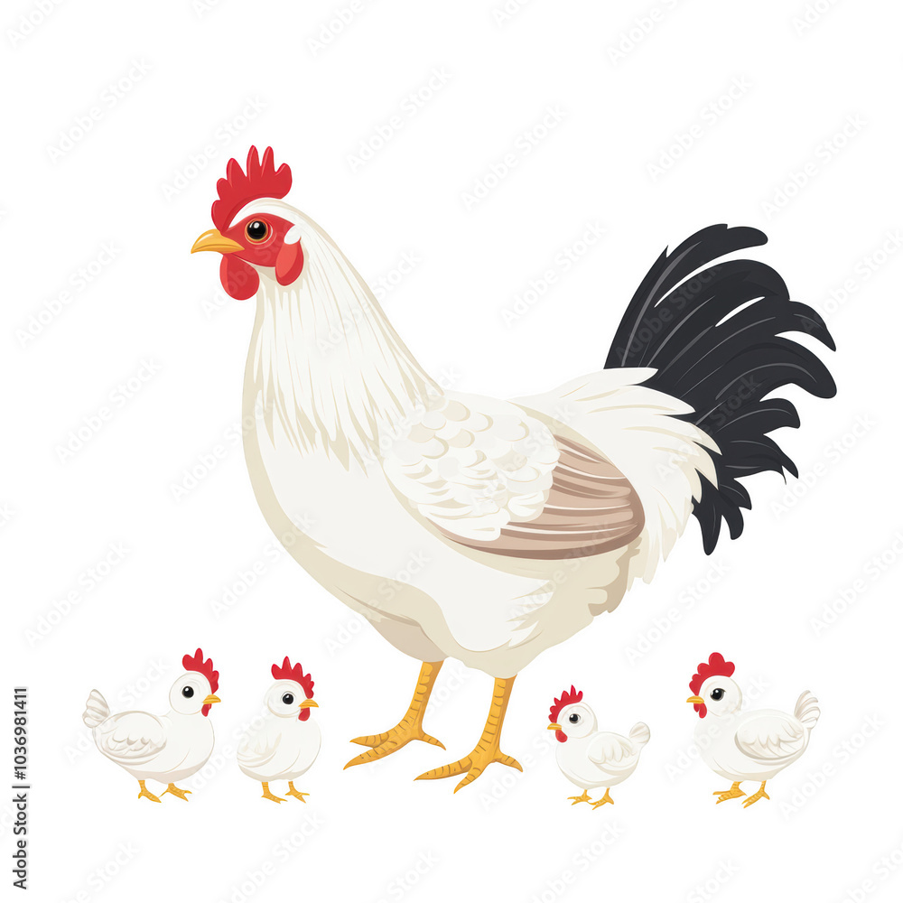 Fototapeta premium Mother Hen and her chicks: A heartwarming illustration of a proud white hen with her adorable chicks, representing the nurturing bond between mother and child.