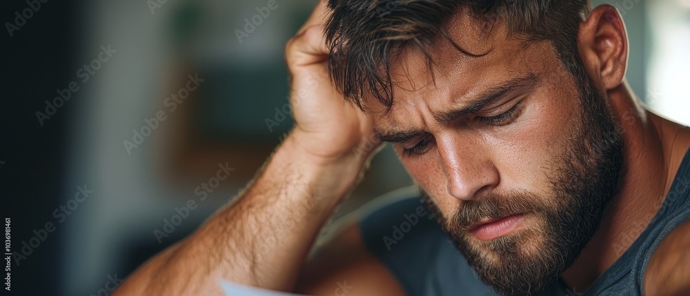 A man with a beard, intently studying a paper, brings his hand to his head A man with a beard, intently studying a paper, brings his hand to his head