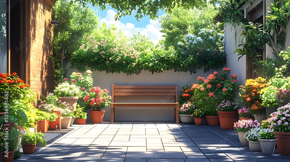 A sunny courtyard with a wooden bench surrounded by vibrant flowers in pots. A sunny courtyard with a wooden bench surrounded by vibrant flowers in pots.
