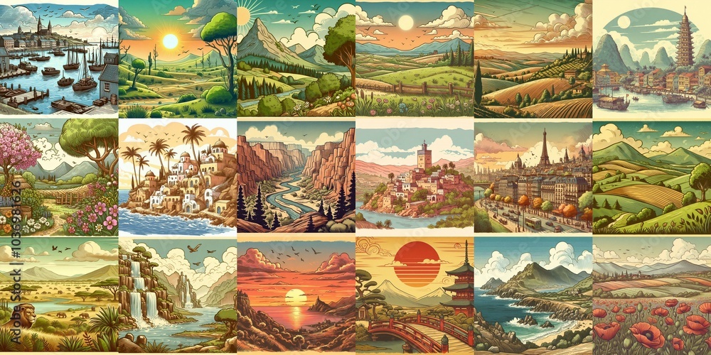 Cartoon landscapes. AI generated illustration Cartoon landscapes. AI generated illustration