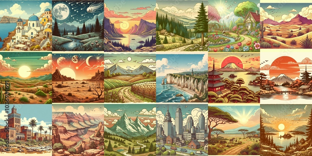 Cartoon landscapes. AI generated illustration Cartoon landscapes. AI generated illustration