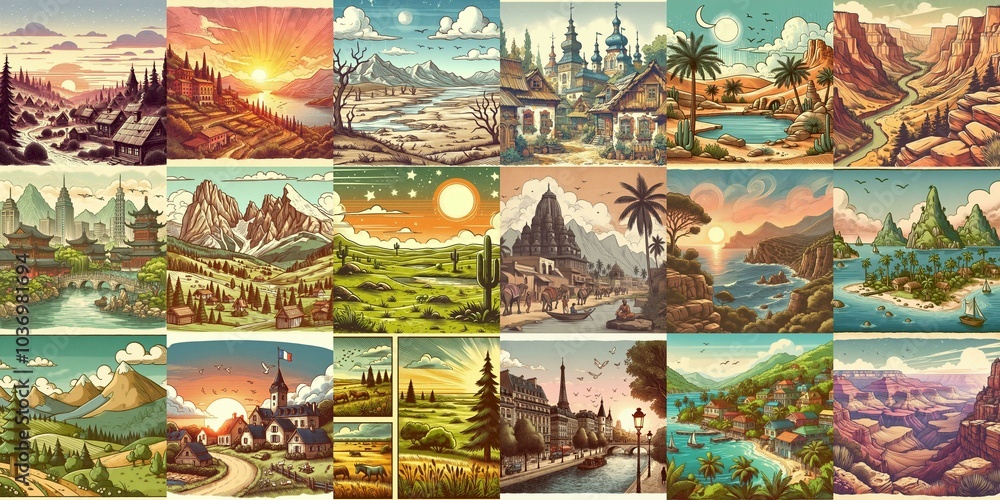 Cartoon landscapes. AI generated illustration Cartoon landscapes. AI generated illustration