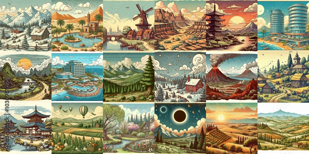Cartoon landscapes. AI generated illustration Cartoon landscapes. AI generated illustration
