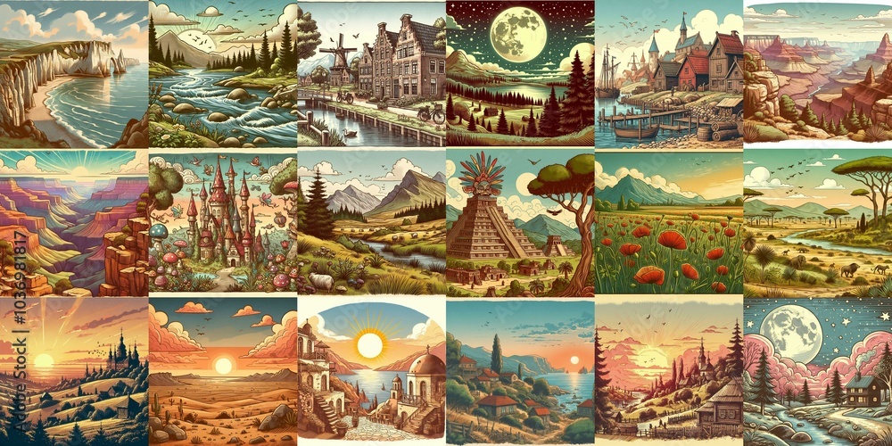 Cartoon landscapes. AI generated illustration Cartoon landscapes. AI generated illustration