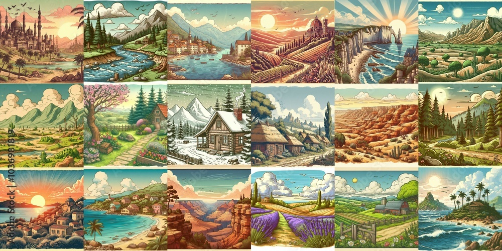 Cartoon landscapes. AI generated illustration Cartoon landscapes. AI generated illustration