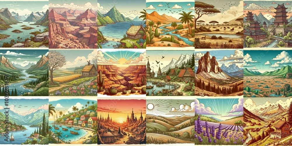 Cartoon landscapes. AI generated illustration Cartoon landscapes. AI generated illustration