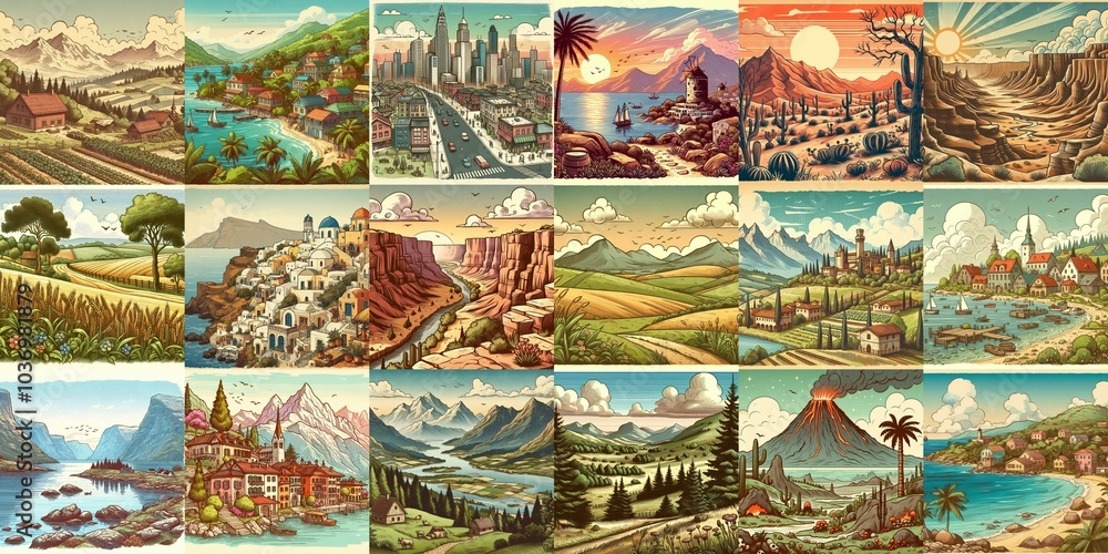 Cartoon landscapes. AI generated illustration Cartoon landscapes. AI generated illustration