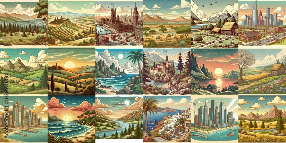 Cartoon landscapes. AI generated illustration Cartoon landscapes. AI generated illustration