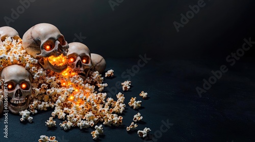 A spooky arrangement of skulls with glowing eyes surrounded by scattered popcorn creating an eerie yet playful Halloween vibe