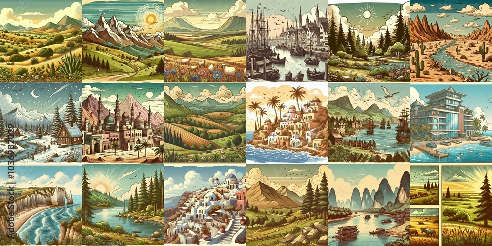 Cartoon landscapes. AI generated illustration Cartoon landscapes. AI generated illustration