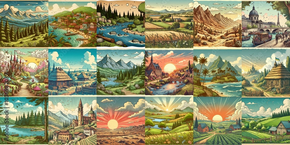 Cartoon landscapes. AI generated illustration Cartoon landscapes. AI generated illustration