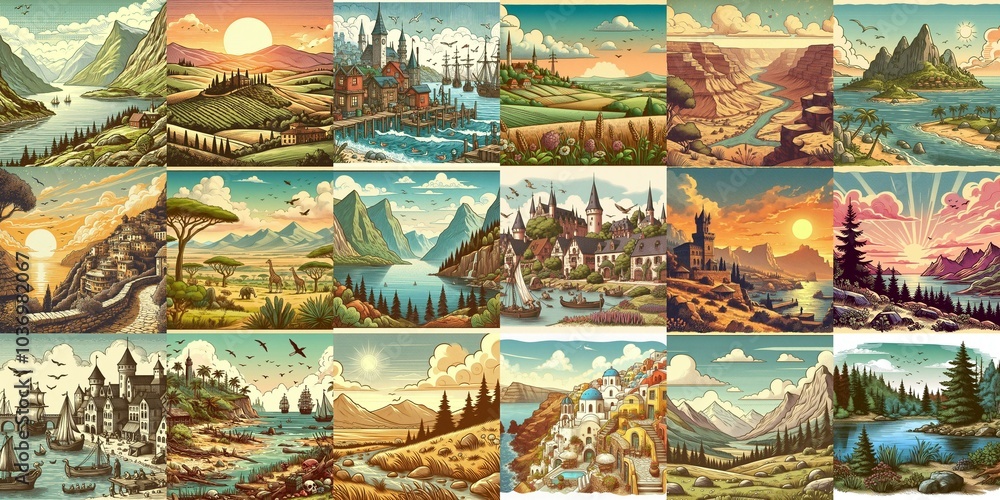 Cartoon landscapes. AI generated illustration Cartoon landscapes. AI generated illustration