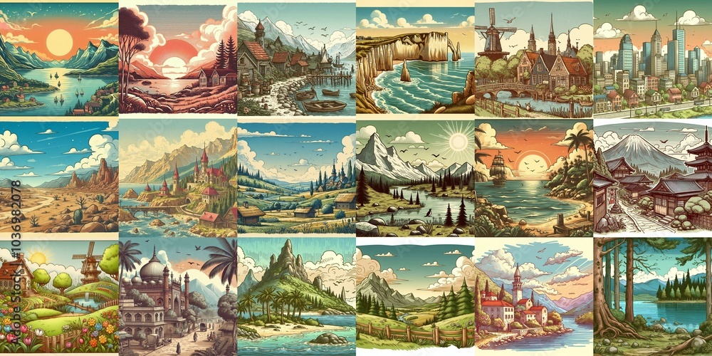 Cartoon landscapes. AI generated illustration Cartoon landscapes. AI generated illustration