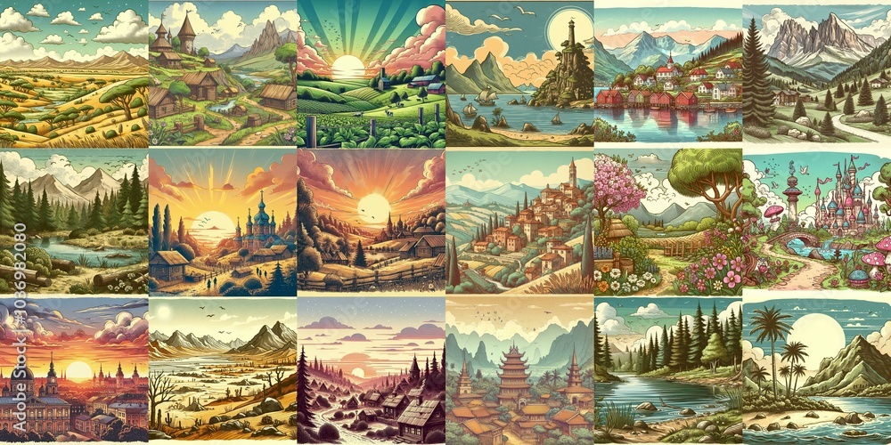 Cartoon landscapes. AI generated illustration Cartoon landscapes. AI generated illustration