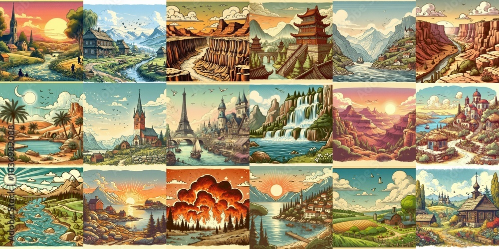 Cartoon landscapes. AI generated illustration Cartoon landscapes. AI generated illustration