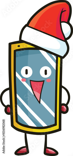 Funny yellow smartphone cartoon character wearing santa's hat