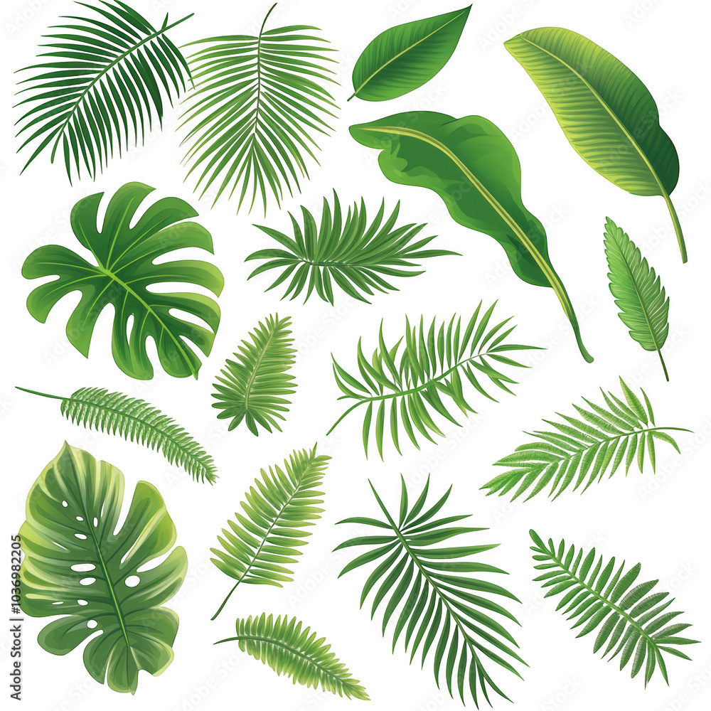 Tropical Paradise: A vibrant collection of lush green tropical leaves, perfect for adding a touch of paradise to your designs. Tropical Paradise: A vibrant collection of lush green tropical leaves, perfect for adding a touch of paradise to your designs.