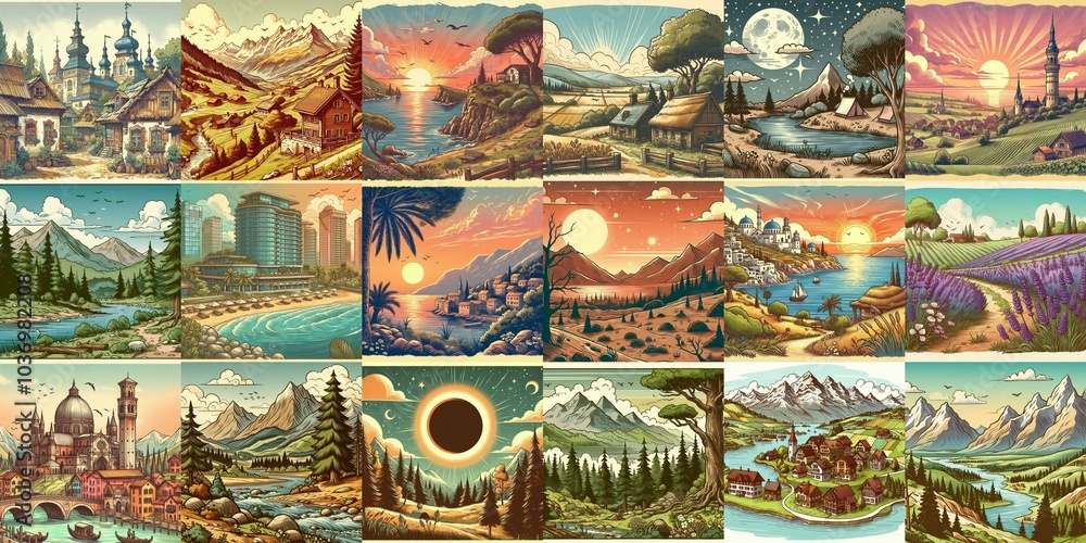 Cartoon landscapes. AI generated illustration Cartoon landscapes. AI generated illustration