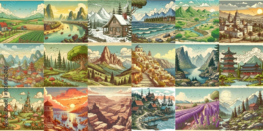 Cartoon landscapes. AI generated illustration Cartoon landscapes. AI generated illustration