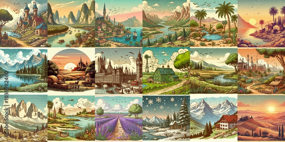 Cartoon landscapes. AI generated illustration Cartoon landscapes. AI generated illustration