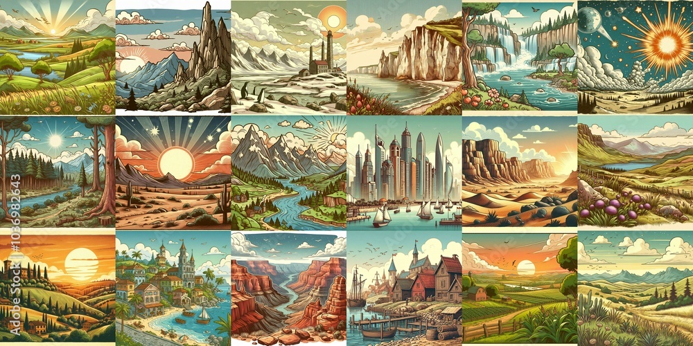 Cartoon landscapes. AI generated illustration Cartoon landscapes. AI generated illustration