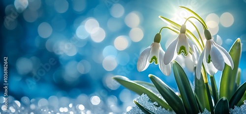 White snowdrops blooming in the snow with blue bokeh background.