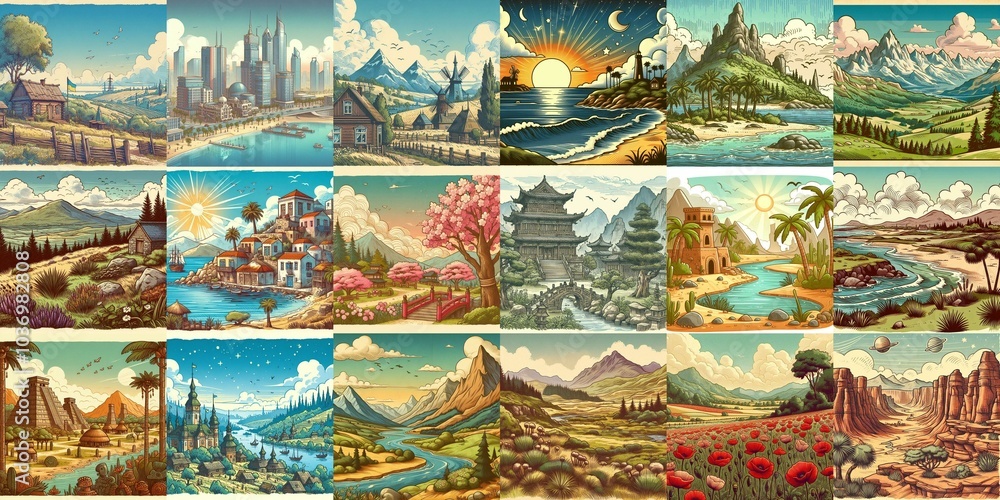 Cartoon landscapes. AI generated illustration Cartoon landscapes. AI generated illustration