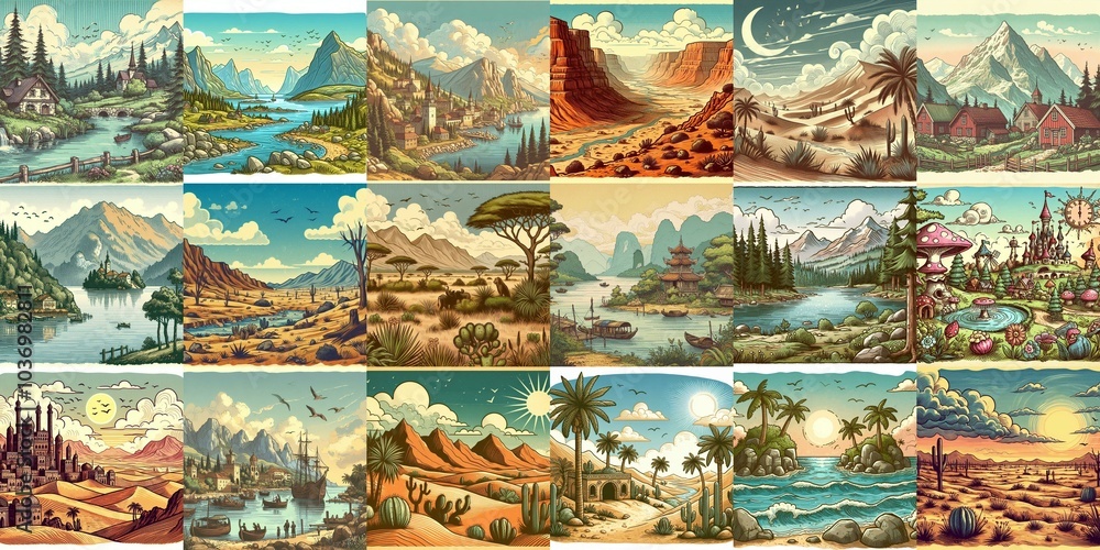 Cartoon landscapes. AI generated illustration Cartoon landscapes. AI generated illustration