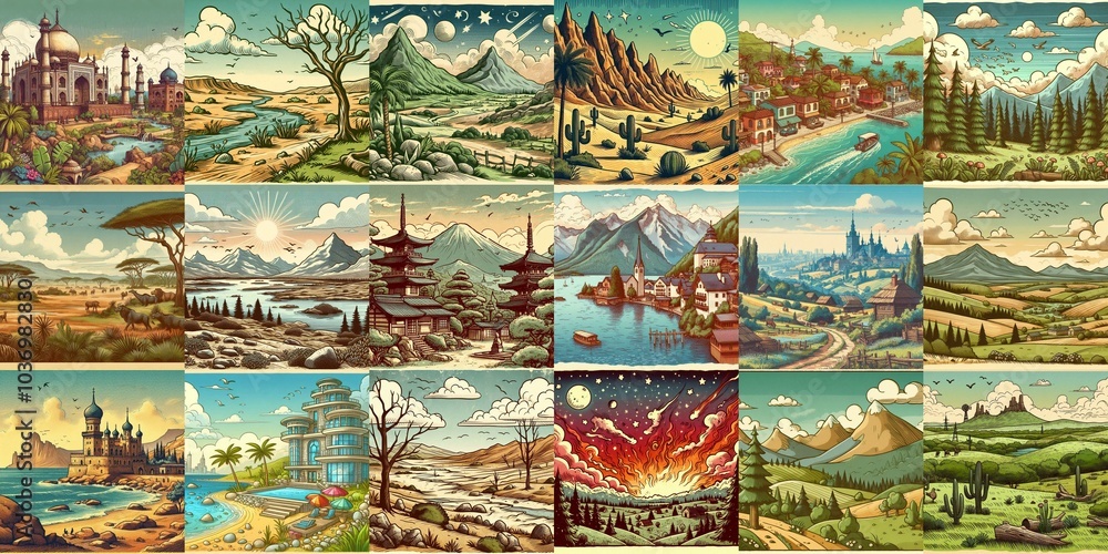 Cartoon landscapes. AI generated illustration Cartoon landscapes. AI generated illustration