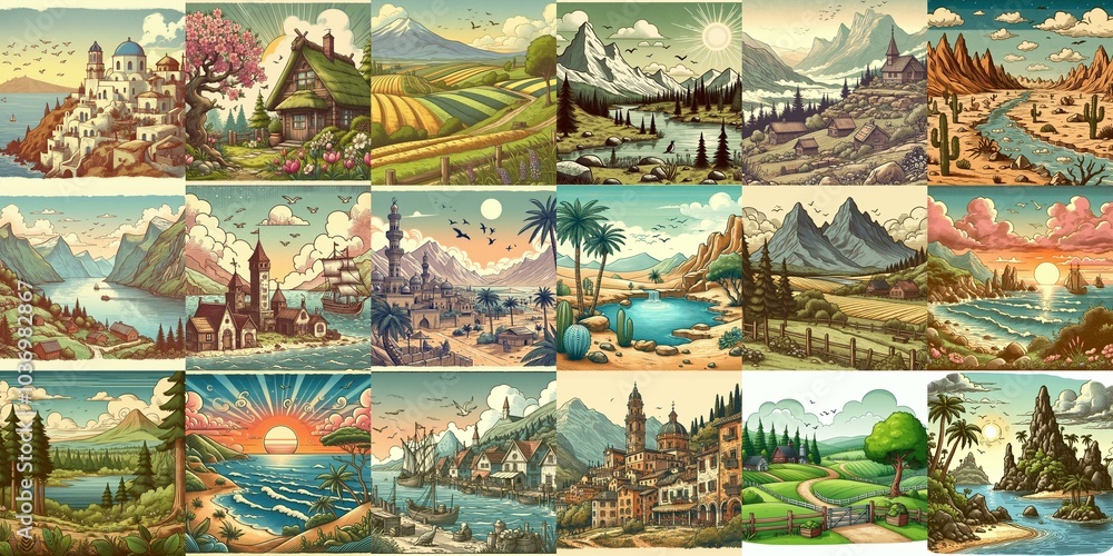 Cartoon landscapes. AI generated illustration Cartoon landscapes. AI generated illustration