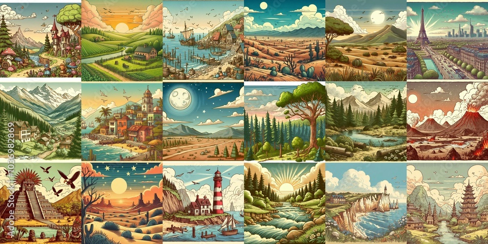 Cartoon landscapes. AI generated illustration Cartoon landscapes. AI generated illustration