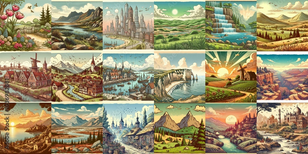 Cartoon landscapes. AI generated illustration Cartoon landscapes. AI generated illustration